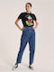 High Waist Women's Jean Trousers in Paperbag Fit Blue.