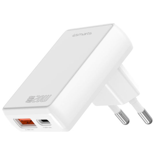4Smarts Φορτιστής Χωρίς Καλώδιο GaN με Θύρα USB-A και Θύρα USB-C 20W Power Delivery Λευκός (FlatPlug Duos)