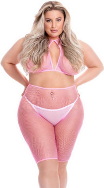 Set Halter Bra Bike Short Fishnet Pink Plus Size