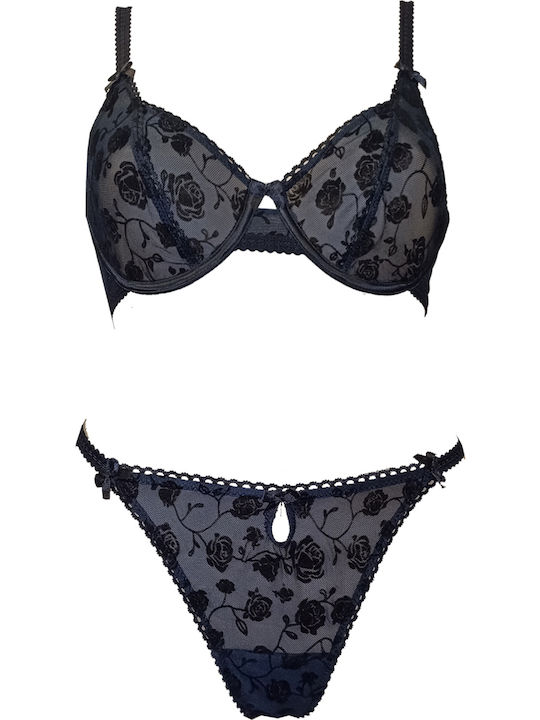 Modern Ocean Spitzen Unterwäsche-Set für Damen BH mit Zeichenfolge Black