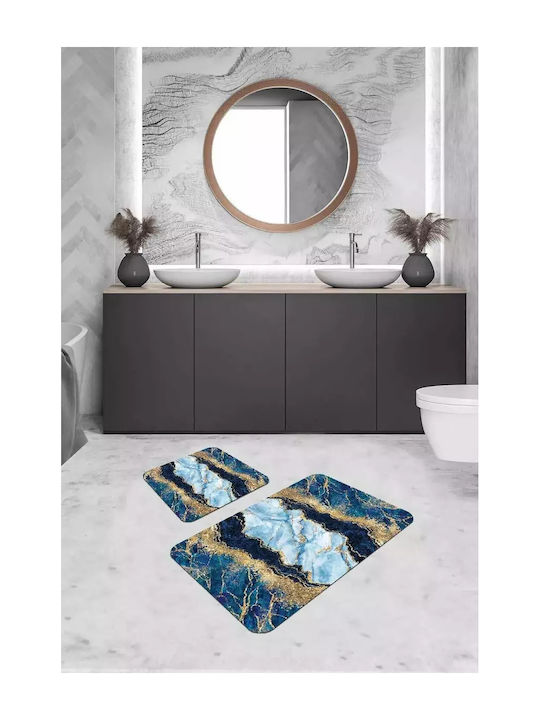 Set Bath Mats Blue Marble Gold Details