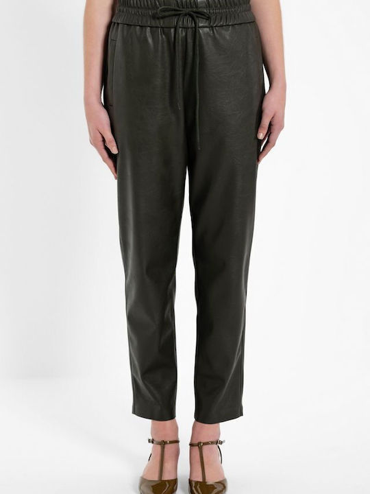 Women's Fabric Trousers with Elastic Dark Brown