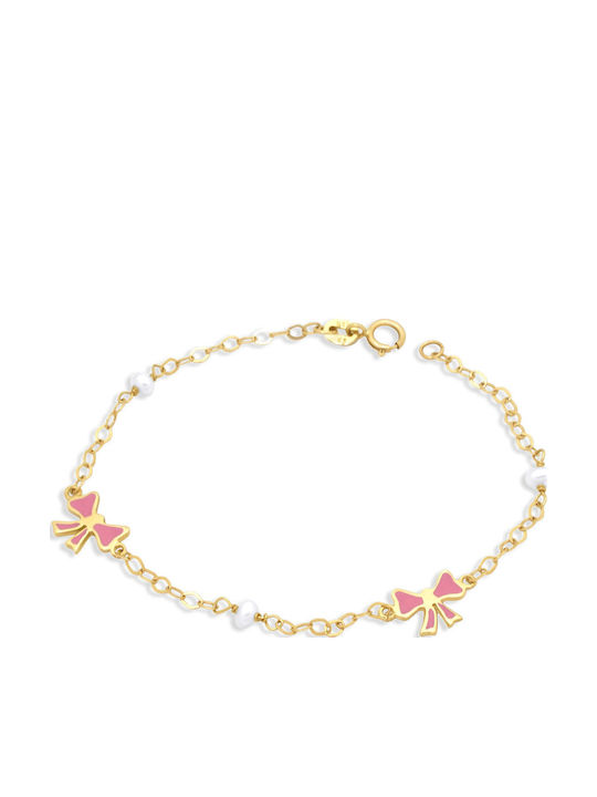 Goldjewels Παιδικό Βραχιόλι Αλυσίδα Φιογκάκια Πέρλες από Χρυσό 14K με Πέτρες