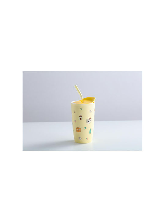 Spacecow Glas Wasser aus Keramik in Gelb Farbe mit Strohhalm 380ml