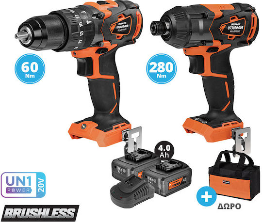 Krausmann US121-24SB Set Bohrschrauber & Schlagschraubendreher Brushless 20V mit 2 Batterien 4Ah und Hülle