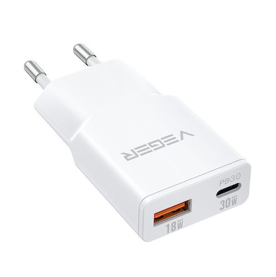 Veger Φορτιστής Χωρίς Καλώδιο με Θύρα USB-A και Θύρα USB-C 30W Power Delivery / Quick Charge 3.0 Λευκός (TC301)