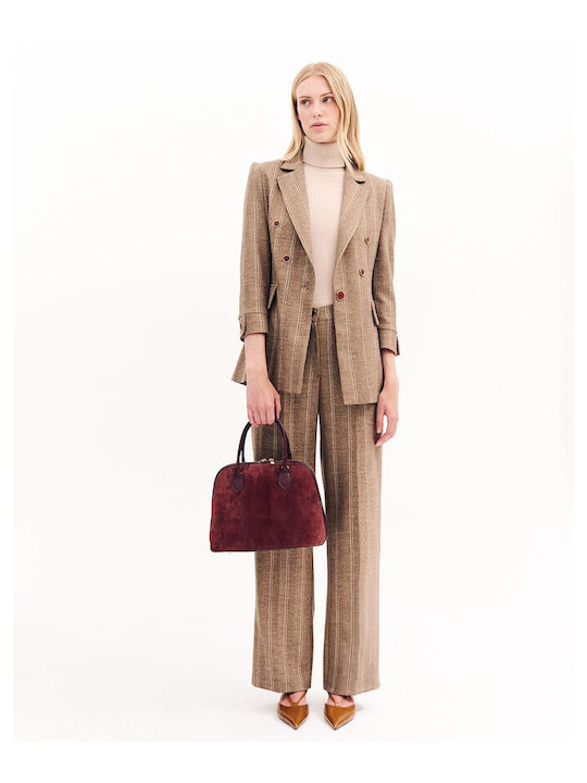 Women's Fabric Trousers Straight Line Striped Camel