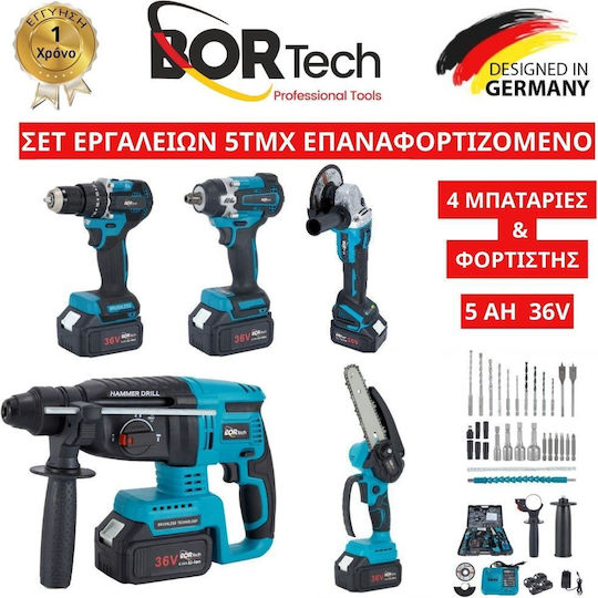 Bortech Σετ Αλυσοπρίονο, Γωνιακός Τροχός, Κρουστικό Δραπανοκατσάβιδο & Σκαπτικό Brushless 36V με 4 Μπαταρίες 5Ah
