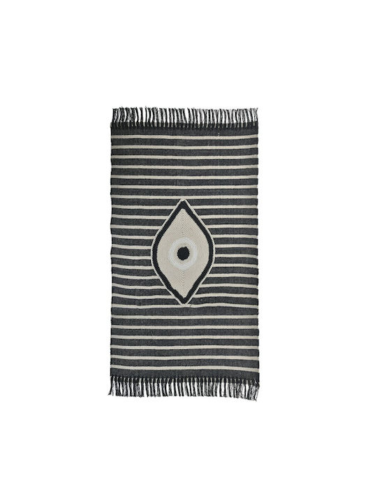 Inart Evil eye Rug Rectangular Summer Cotton with Fringes Ecru / Dark Grey