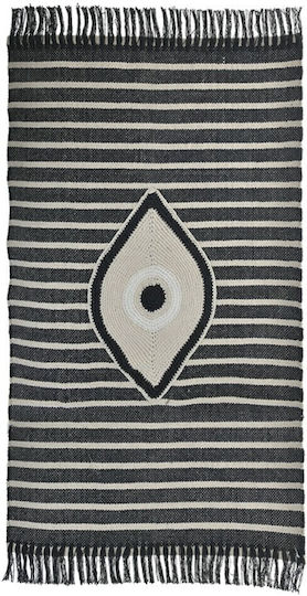Inart Evil eye Rug Rectangular Summer Cotton with Fringes Ecru / Dark Grey