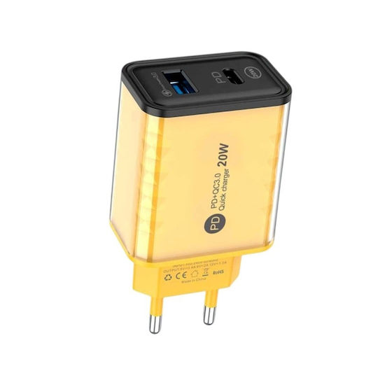 Φορτιστής Χωρίς Καλώδιο με Θύρα USB-A και Θύρα USB-C 20W Κίτρινος (CX-176B)