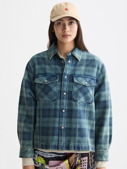 Women's Denim Checked Long Sleeve Shirt Blue