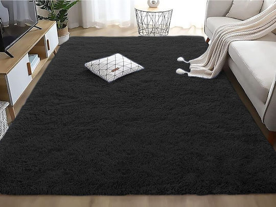 Fluffie Rutschfest Teppich Rechteckig Synthetisch,Polyester/Cotton/Leather Black
