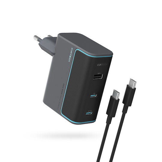 Cuktech Φορτιστής GaN με Θύρα USB-A και 2 Θύρες USB-C και Καλώδιο USB-C - USB-C 100W Power Delivery Γκρι (2C1A)
