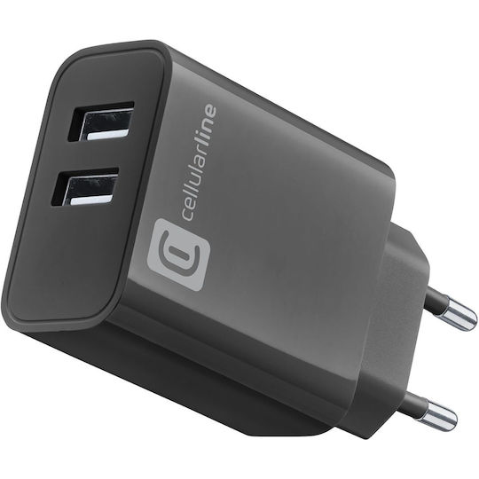 Cellular Line Ladegerät ohne Kabel mit 2 USB-A Anschlüsse 24W Schwarzs (Multipower)