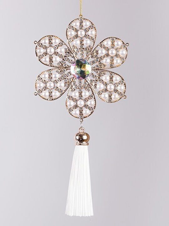 Ornament Snowflake Gold Pearl White Tassel 8.8x19cm