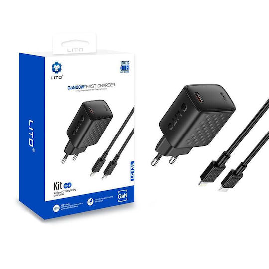 Lito Ladegerät GaN mit USB-C Anschluss und Kabel USB-C - Lightning 20W Stromlieferung Schwarzs (LC13)