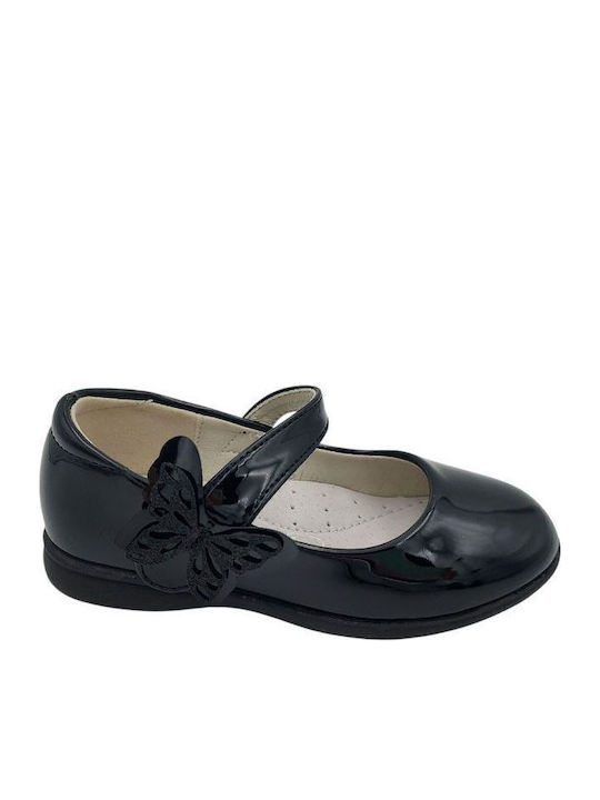 Balerini copii cu închidere Hoop & Loop Piele lăcuită Negre
