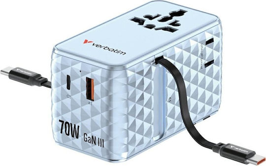 Verbatim Charger GaN with USB-A Port and USB-C Port and Cable USB-C 70W Power Delivery / Quick Charge 4+ Blue (Charge 'n' Travel)