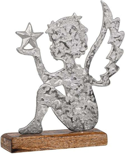 Fylliana Figurină De Crăciun Din Aluminiu Îngerășel Cu Bază Din Lemn Fylianna Fl1723 Argintie Culoare Full Face 14x5x18cm