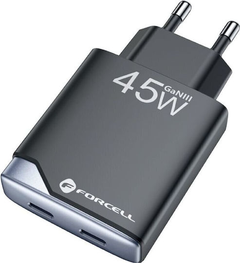 Forcell Charger Without Cable GaN with 2 USB-C Ports 45W Power Delivery / Quick Charge 4.0 Blacks (F-Energy Ultra Slim)