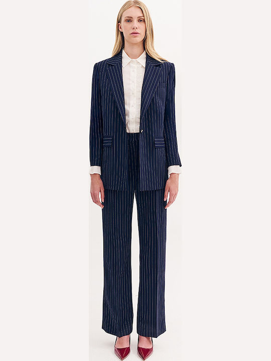 Women's High-waisted Fabric Trousers Straight Line Striped Blue