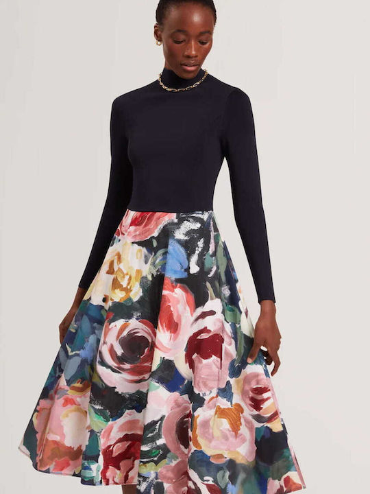 Rochie Midi Mânecă Lungă Albastru Închis