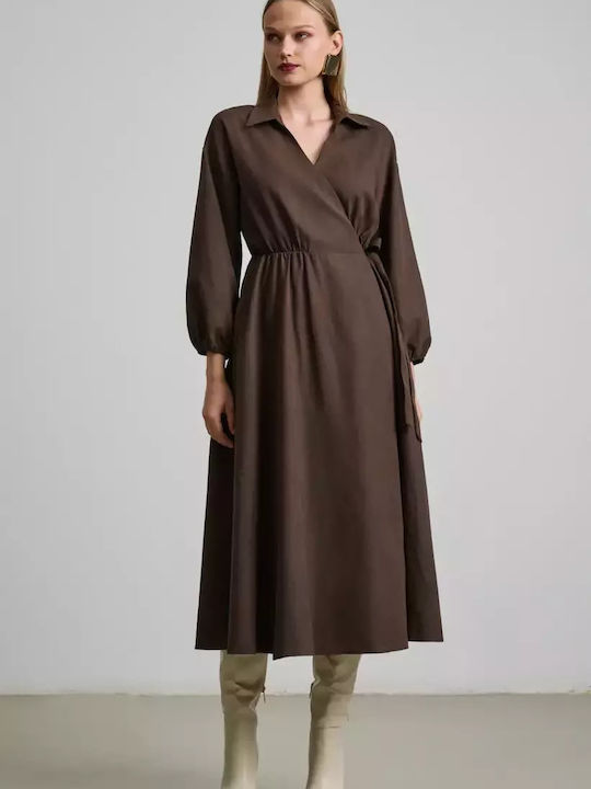 Midi Dress Long Sleeve Wrap Brown