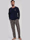 Vienetta Secret Men's Winter Checked Pajamas Set Blue Marine