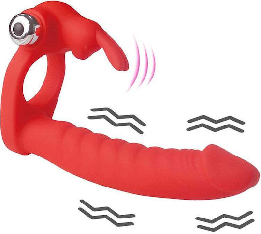 Vibrator & Vibrating Cock Ring Dildo & Rabbit Ears Anal Vaginal & Clitoral  Stimulation Battery Double Penetration Anal Vaginal & Clitoris Trinity Fun  Dildo Red