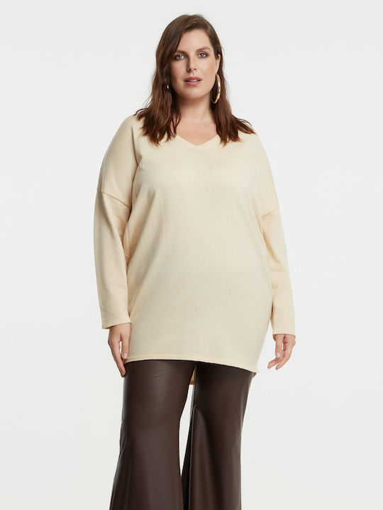 Bluza Damă Mânecă Lungă Pulover cu Decolteu în V Ecru 0000.5536.1.NETTO-vanilla