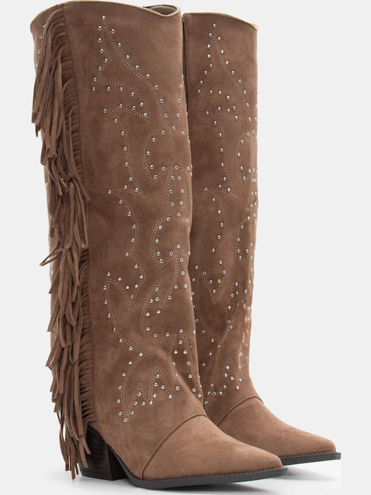 Synthetic Leather Medium Heel Cowboy Boots with Zipper Beige