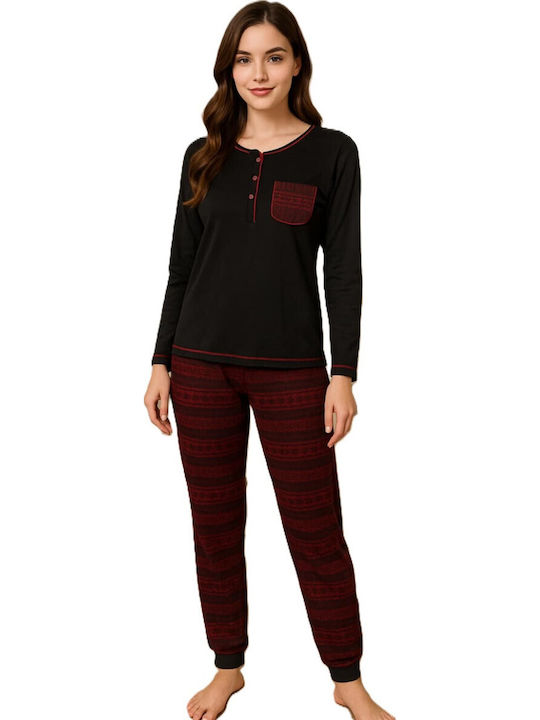 Caress Winter Women's Pyjama Set Black, Burgundy