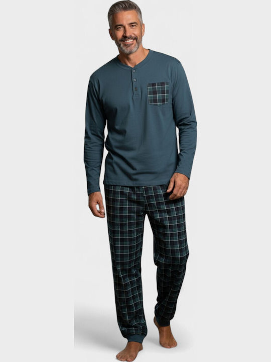 Ανδρική Βαμβακερή Πιτζάμα Interlock Collection Checkblue Cl261310-2-πετρόλ