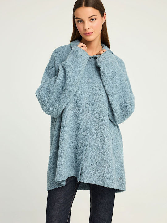 Fleece Γυναικεία Ζακέτα με Κουμπιά σε Μπλε Χρώμα