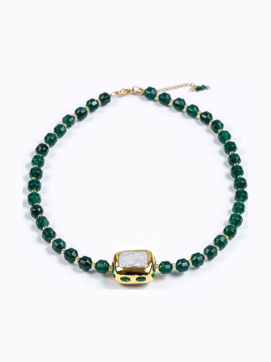 Cuoro Gold Plated Necklace with Pearls Green
