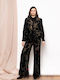 Women's High-waisted Fabric Trousers with Elastic Regular Fit Black