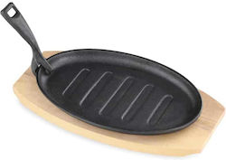 Tigaie Din Fontă Neagră Ovală 28x18cm Mânere Rabatabile & Bază din Lemn 38-659