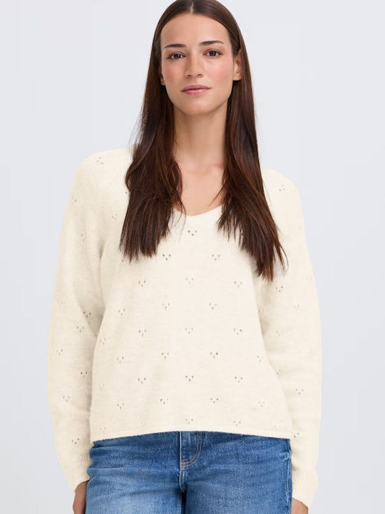 Women's Long Sleeve Sweater with V Neckline Ecru