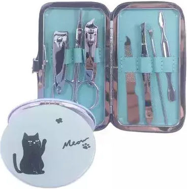 Комплект За Маникюр И Вежди В Калъф Огледало Jup Meow 193998-6 Еко Кожа Ментово Зелено