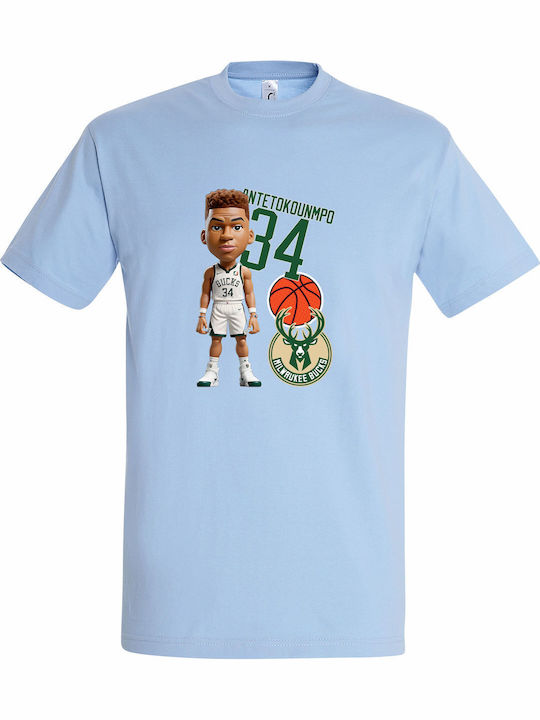 Kids' T-shirt Sky Blue Giannis Antetokounmpo Cartoon Basketball Player, Milwaukee Bucks, Nba