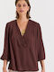 Women's Blouse Long Sleeve with V Neckline Brown