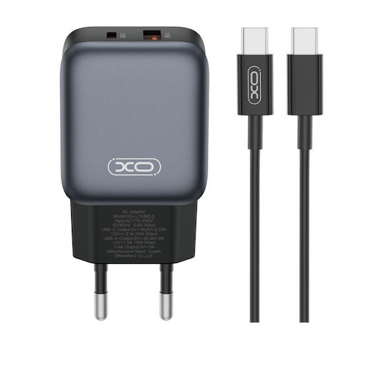XO с USB-A порт и USB-C порт и кабел USB-C - USB-C 20W Quick Charge 2.0 / Quick Charge 3.0 Черен (L154)