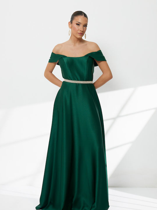 Maxi Φόρεμα για Γάμο / Βάπτιση Σατέν Off-Shoulder Πράσινο