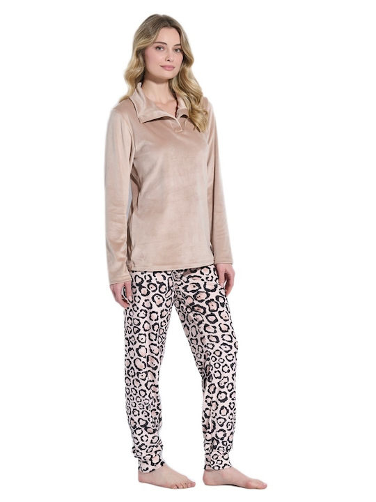Jeannette Lingerie Winter Damen Pyjama-Set Beige