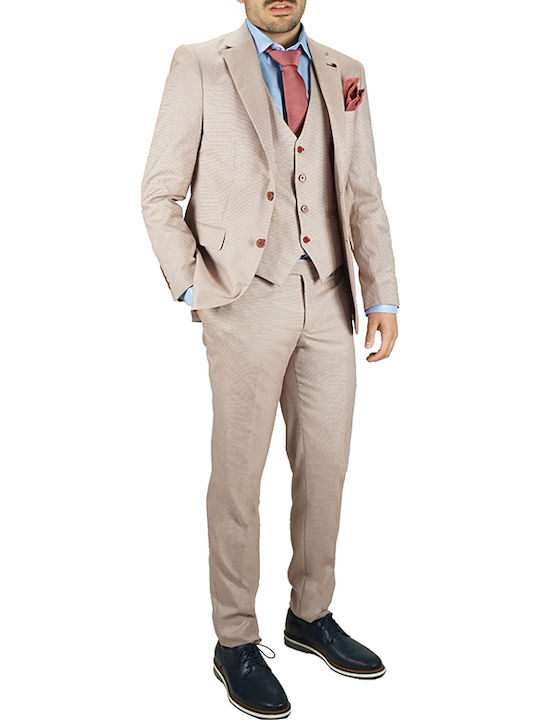 Men's Summer Suit with Vest Slim Fit Pink