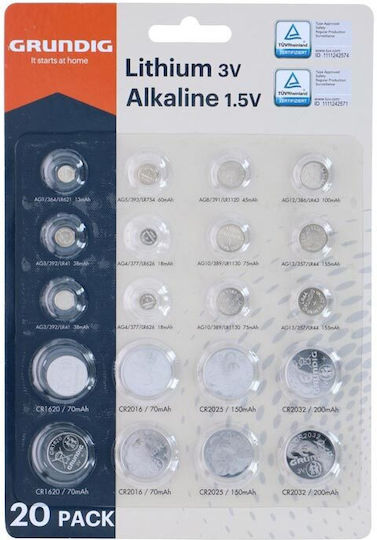 Grundig Set of 20 Batteries Alkaline Batteries 1.5v Lithium Batteries 3v 27510 Grundig