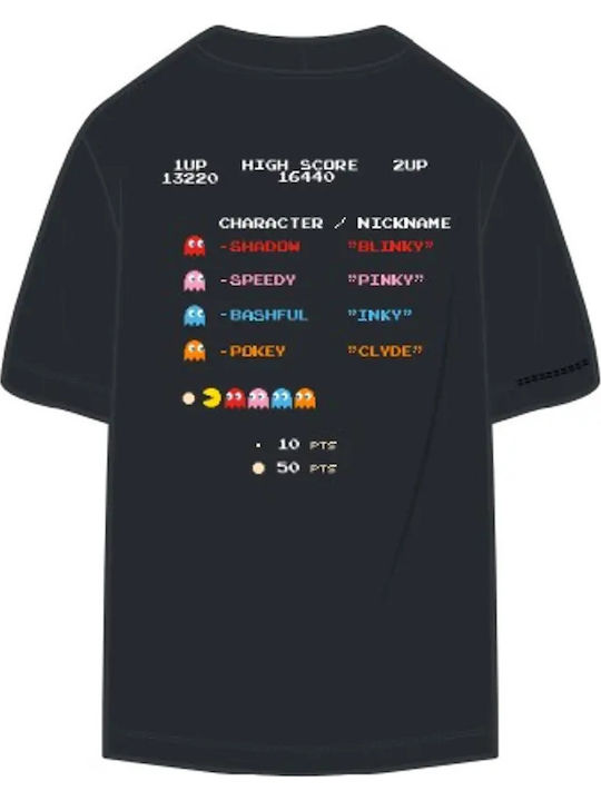 Pac-man Retro T-shirt – Schwarzes Bedrucktes T-Shirt mit Geistern und Punktestand