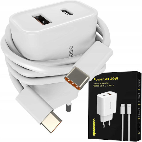 Spacecase Spacecase Handyladegerät mit USB-A Ausgangsanschluss, USB-C Ausgangsanschluss und Kabel USB-C - USB-C 20W Stromlieferung / Schnellladetechnologie 3.0 Weiß