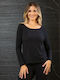 Women's Blouse Long Sleeve with V Neckline Black